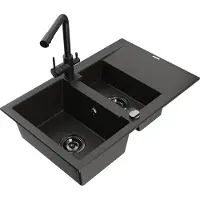 Mexen Gaspar 1,5-Becken-Granitspüle mit Abtropffläche und Mischbatterie Duero, Schwarz/Gold - 6507-75-671600-70-B