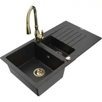 Mexen Matias 1,5-Becken-Granitspüle mit Abtropffläche und Mischbatterie Savita, Schwarz/Silber - 6502-73-672601-50