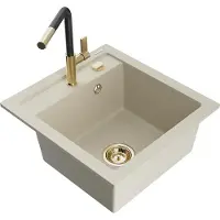 Mexen Vito 1-Becken-Granit-Spüle mit Mischbatterie Flora, Beige - 6503-69-670401-57-G