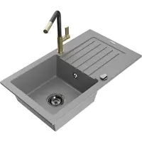 Mexen Pablo 1 Becken-Granitspüle mit Abtropffläche und Mischbatterie Flora, Grau - 6510-71-670401-57-B