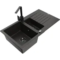Mexen Matias 1,5-Becken-Granitspüle mit Abtropffläche und Mischbatterie Rita, Schwarz/Gold - 6502-75-670300-70-B