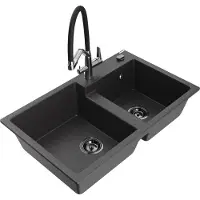 Mexen Tomas 2-Becken-Granitspüle mit Mischbatterie Duo, Schwarz gesprenkelt - 6516-76-671701-07-B