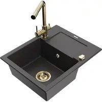 Mexen Enzo 1 Becken-Granitspüle mit Abtropffläche und Mischbatterie Duero, Schwarz gesprenkelt - 6506-76-671600-50