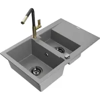 Mexen Gaspar 1,5-Becken-Granitspüle mit Abtropffläche und Mischbatterie Flora, Grau - 6507-71-670401-57-B