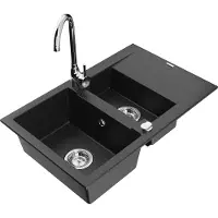 Mexen Gaspar 1,5-Becken-Granitspüle mit Abtropffläche und Mischbatterie Telma, Schwarz/Silber - 6507-73-670200-00