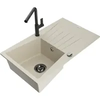 Mexen Cesar Granitspüle 1-Becken mit Abtropffläche und Küchenarmatur Flora, beige - 6514-69-670401-70-B