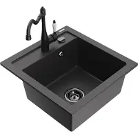 Mexen Vito 1-Becken-Granit-Spüle mit Mischbatterie Carla, Schwarz gesprenkelt - 6503-76-670700-70-B