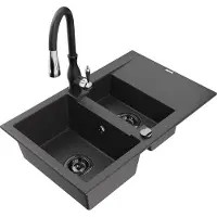 Mexen Gaspar 1,5-Becken-Granitspüle mit Abtropffläche und Mischbatterie Savita, Schwarz gesprenkelt - 6507-76-672601-70-B