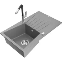 Mexen Cesar 1 Becken-Granitspüle mit Abtropffläche und Mischbatterie Flora, Grau - 6514-71-670401-07