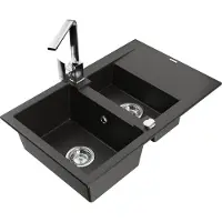 Mexen Gaspar 1,5-Becken-Granitspüle mit Abtropffläche und Mischbatterie Rita, Schwarz/Gold - 6507-75-670300-00