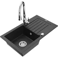 Mexen Pablo 1 Becken-Granitspüle mit Abtropffläche und Mischbatterie Savita, Schwarz/Silbermetallic - 6510-73-672601-00