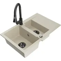 Mexen Gaspar 1,5-Becken-Granitspüle mit Abtropffläche und Mischbatterie Elia, Beige - 6507-69-670101-70