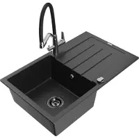 Mexen Bruno 1 Becken-Granitspüle mit Abtropffläche und Mischbatterie Duo, Schwarz/Silbermetallic - 6513-73-671701-07-B