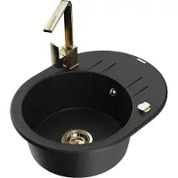 Mexen Kevin 1 Becken-Granitspüle mit Abtropffläche und Mischbatterie Rita, Schwarz - 6517-77-670300-50