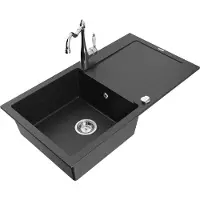 Mexen Leo 1 Becken-Granitspüle mit Abtropffläche und Mischbatterie Carla, Schwarz/Silbermetallic - 6501-73-670700-00