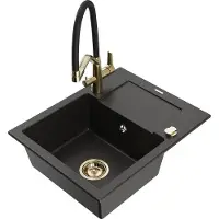 Mexen Enzo 1 Becken-Granitspüle mit Abtropffläche und Mischbatterie Duo, Schwarz/Gold metallisch - 6506-75-671701-57-G