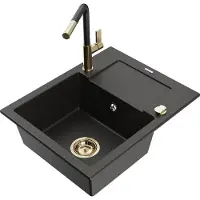 Mexen Enzo 1 Becken-Granitspüle mit Abtropffläche und Mischbatterie Flora, Schwarz/Gold metallisch - 6506-75-670401-57-G