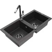 Mexen Mario 2-Becken-Granitspüle mit Mischbatterie Flora, Schwarz gesprenkelt - 6504-76-670401-07-B