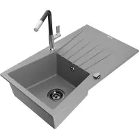 Mexen Cesar 1 Becken-Granitspüle mit Abtropffläche und Mischbatterie Flora, Grau - 6514-71-670401-07-B