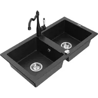 Mexen Mario 2-Becken-Granitspüle mit Mischbatterie Carla, Schwarz/Silbermetallic - 6504-73-670700-70