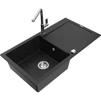 Mexen Leo 1 Becken-Granitspüle mit Abtropffläche und Mischbatterie Flora, Schwarz - 6501-77-670401-00