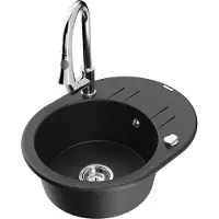Mexen Kevin 1 Becken-Granitspüle mit Abtropffläche und Mischbatterie Elia, Schwarz/Silbermetallic - 6517-73-670101-00