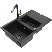 Mexen Gaspar 1,5-Becken-Granitspüle mit Abtropffläche und Mischbatterie Flora, Schwarz/Silber - 6507-73-670401-57-B