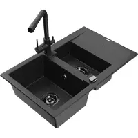 Mexen Gaspar 1,5-Becken-Granitspüle mit Abtropffläche und Mischbatterie Duero, Schwarz/Silber - 6507-73-671600-70-B
