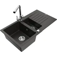 Mexen Matias 1,5-Becken-Granitspüle mit Abtropffläche und Mischbatterie Duero, Schwarz/Gold metallisch - 6502-75-671600-00