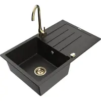 Mexen Bruno 1 Becken-Granitspüle mit Abtropffläche und Mischbatterie Telma, Schwarz/Gold - 6513-75-670200-50