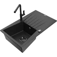 Mexen Cesar 1 Becken-Granitspüle mit Abtropffläche und Mischbatterie Flora, Schwarz/Silbermetallic - 6514-73-670401-70-B