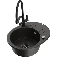 Mexen Kevin 1-Becken-Granitspüle mit Mischbatterie Duo, Schwarz/Gold metallisch - 6517-75-671701-70-B