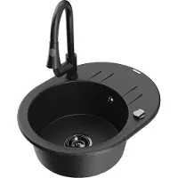 Mexen Kevin 1 Becken-Granitspüle mit Abtropffläche und Mischbatterie Elia, Schwarz/Silbermetallic - 6517-73-670101-70-B