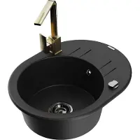 Mexen Kevin 1 Becken-Granitspüle mit Abtropffläche und Mischbatterie Rita, Schwarz - 6517-77-670300-50-B
