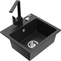 Mexen Milo 1-Becken-Granit-Spüle mit Mischbatterie Rita, Schwarz/Silbermetallic - 6505-73-670300-70