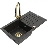 Mexen Pablo 1 Becken-Granitspüle mit Abtropffläche und Mischbatterie Elia, Schwarz/Gold metallisch - 6510-75-670101-50
