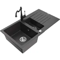 Mexen Matias 1,5-Becken-Granitspüle mit Abtropffläche und Mischbatterie Carla, Schwarz gesprenkelt - 6502-76-670700-70