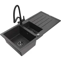 Mexen Andres 1,5-Becken-Granitspüle mit Abtropffläche und Mischbatterie Duo, Schwarz gesprenkelt - 6515-76-671701-70-B