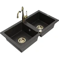 Mexen Mario 2-Becken-Granitspüle mit Mischbatterie Carla, Schwarz/Gold metallisch - 6504-75-670700-50