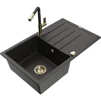Mexen Bruno 1 Becken-Granitspüle mit Abtropffläche und Mischbatterie Flora, Schwarz/Gold metallisch - 6513-75-670401-57-G