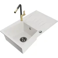 Mexen Cesar 1 Becken-Granitspüle mit Abtropffläche und Mischbatterie Flora, Weiß - 6514-20-670401-57-B