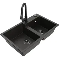 Mexen Tomas 2-Becken-Granitspüle mit Mischbatterie Elia, Schwarz/Gold metallisch - 6516-75-670101-70-B
