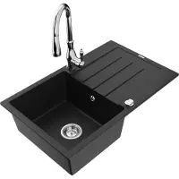 Mexen Bruno 1 Becken-Granitspüle mit Abtropffläche und Mischbatterie Savita, Schwarz - 6513-77-672601-00