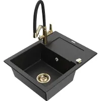 Mexen Enzo 1 Becken-Granitspüle mit Abtropffläche und Mischbatterie Duo, Schwarz/Silbermetallic - 6506-73-671701-57-G
