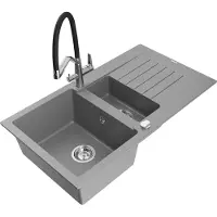 Mexen Matias 1,5-Becken-Granitspüle mit Abtropffläche und Mischbatterie Duo, Grau - 6502-71-671701-07