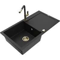 Mexen Leo 1 Becken-Granitspüle mit Abtropffläche und Mischbatterie Flora, Schwarz - 6501-77-670401-57-G