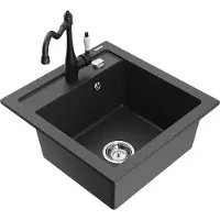Mexen Vito 1-Becken-Granit-Spüle mit Mischbatterie Carla, Schwarz gesprenkelt - 6503-76-670700-70