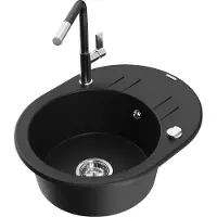 Mexen Kevin 1 Becken-Granitspüle mit Abtropffläche und Mischbatterie Flora, Schwarz - 6517-77-670401-07