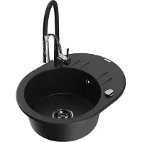 Mexen Kevin 1 Becken-Granitspüle mit Abtropffläche und Mischbatterie Aster, Schwarz - 6517-77-73450-07-B