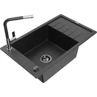 Mexen Elias 1 Becken-Granitspüle mit Abtropffläche und Mischbatterie Flora, Schwarz/Silbermetallic - 6511-73-670401-07-B